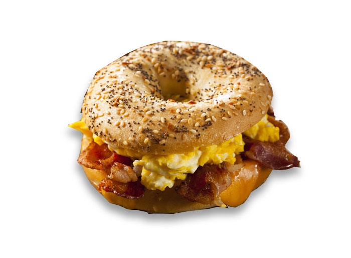 Breakfast bagel sandwich with egg, bacon, and cheese